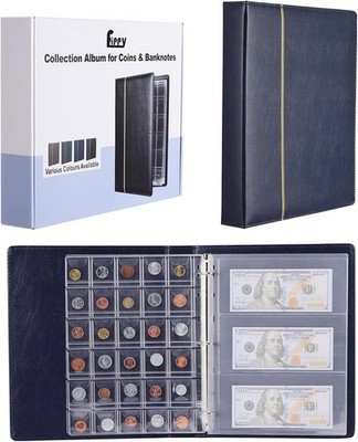 Fippy 150 Taschen Münzalbum, Münzen und Scheine Aufbewahrung Leder Münzen (Blau)