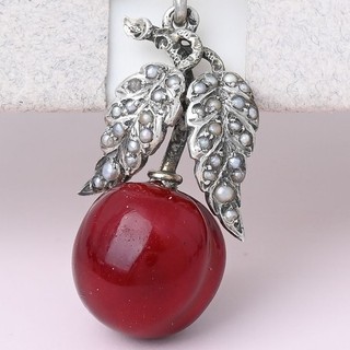 Antique Victorian CHERRY Porcelain Red Enamel Sterling Silver Seed Pearl Pendant