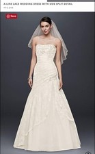 David's Bridal A-Line Lace Wedding Dress w/ side split & Beaded Veil, Women's 6