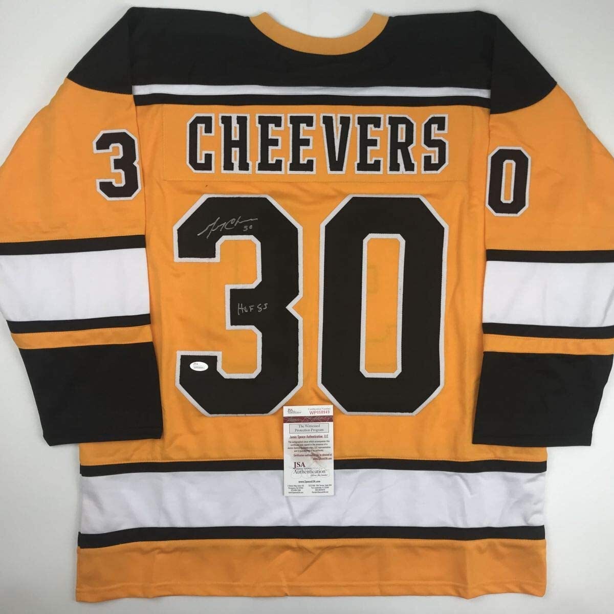 Gerry Cheevers Autographed Signed Boston Bruins / HOF 85 Boston Yellow Hockey Jersey JSA COA 
