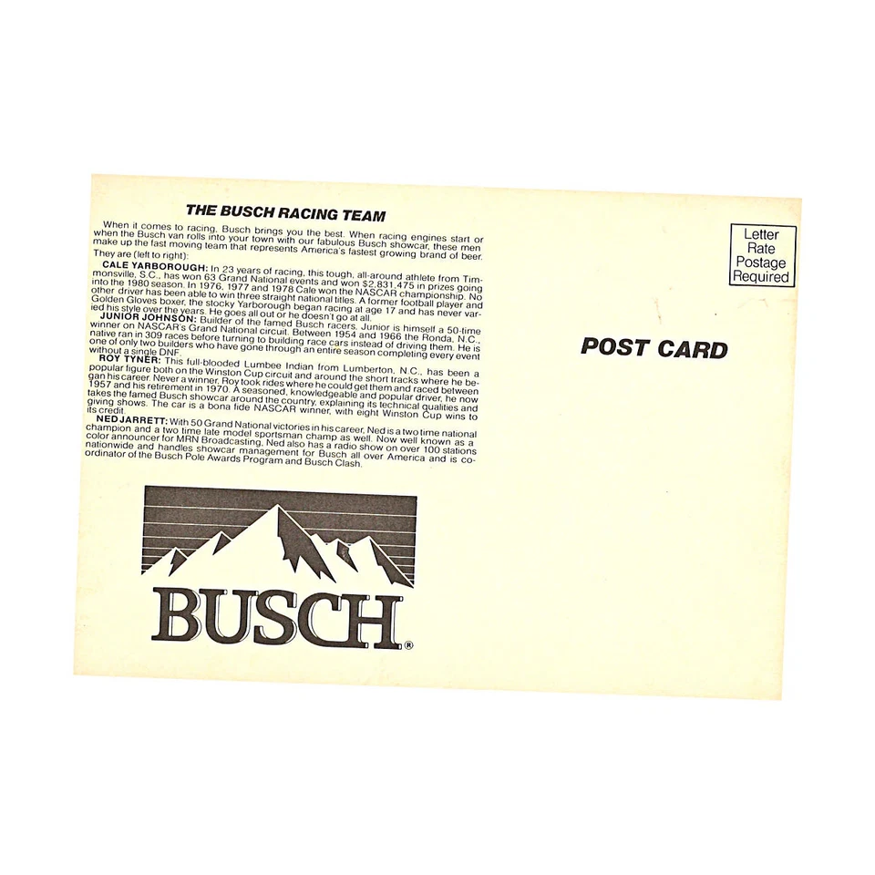 Cartão postal Cale Yarborough Nascar Busch Racing mão em cima do carro 6x9 - Imagem 2 de 2