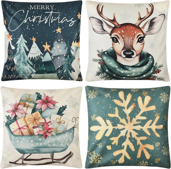 BäUme Rentier Schlitten Schneeflocken Frohe Weihnachten KissenbezüGe 4Er Set, 45-image
