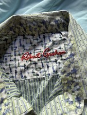 Robert Graham Classic Fit Shirt L Green Blue Stripe Contrast Cuffs Embroidery