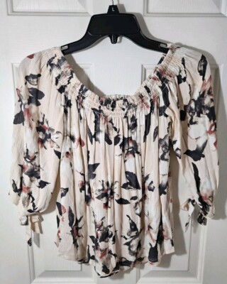 One Love Clothing Off Shoulder Top Blouse Floral Tie Sleeves 100% Rayon Sz S