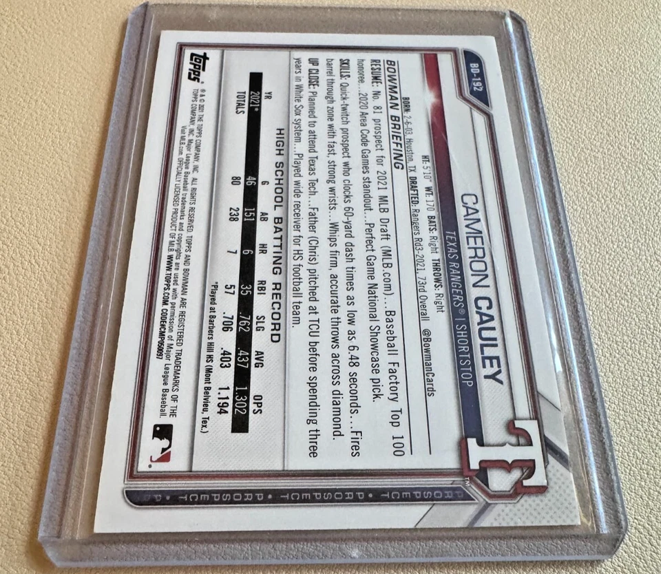 CAMERON CAULEY 2021 Bowman First Edition 1st Rookie - Rangers - SKY BLUE FOIL RC - Image 2 of 2