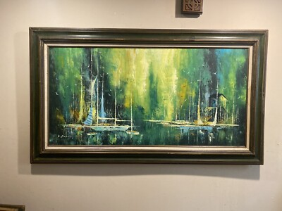 #ad NORTHERN LIGHTS BOATS IN PORT by K. DAVIS ORIGINAL ON CANVAS FRAMED $218.99