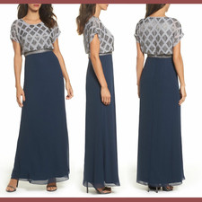 NEW Adrianna Papell Beaded Colorblock Blouson Gown in Silver/Navy SZ 10  E685