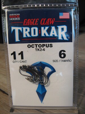 11 Eagle Claw TroKar Octopus Fish Hooks Size 6 TK2-6 Black