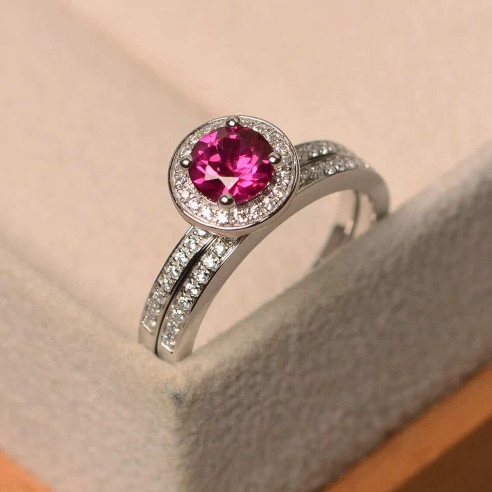 925 Sterling Silver Pink Ruby Stack Ring Round Lab Created Gemstone Women Ring - Image 3 of 4
