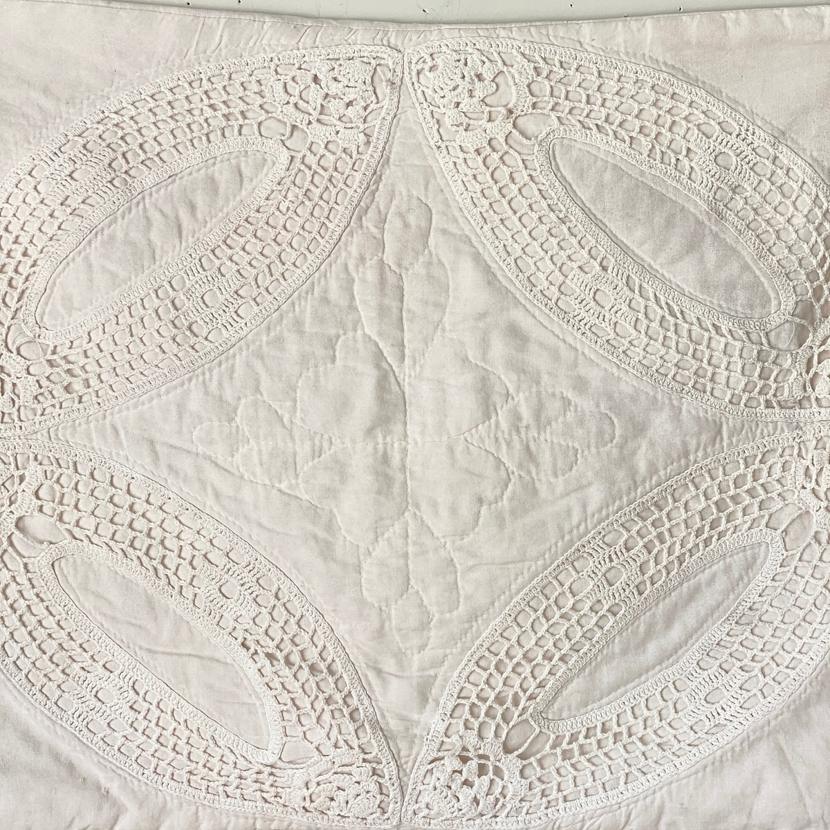 Quilted Vintage lace crochet pillow case cover white cottagecore