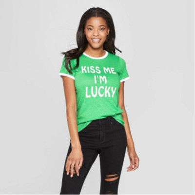 Junior's Short Sleeve Kiss Me I'm Lucky Tee - Grayson Thread -Green- L/XL - C456