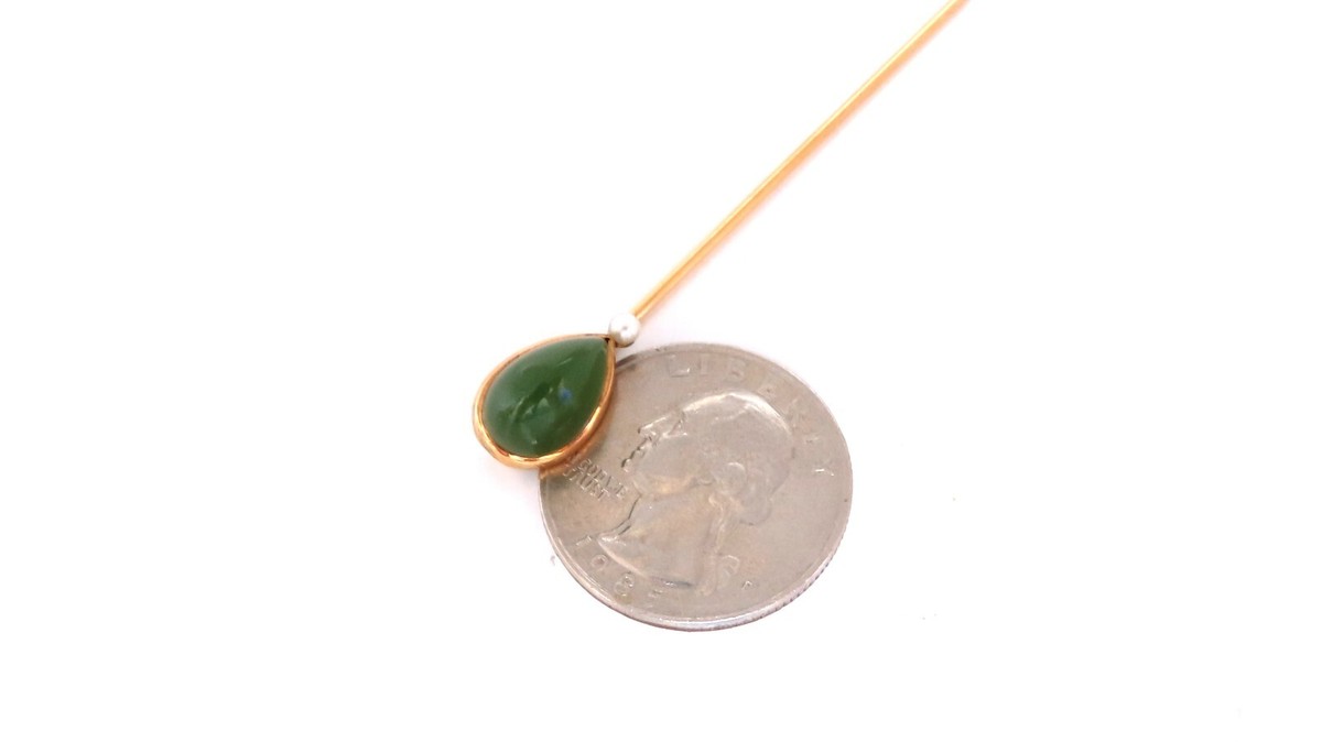 Natural American Green Jade Hat stick Pin scarf 14kt gold 