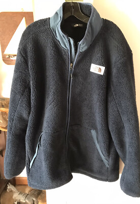 North Face Heavy Fleece Jacket Mens XXL Blue Zip Rectangle Tan Logo