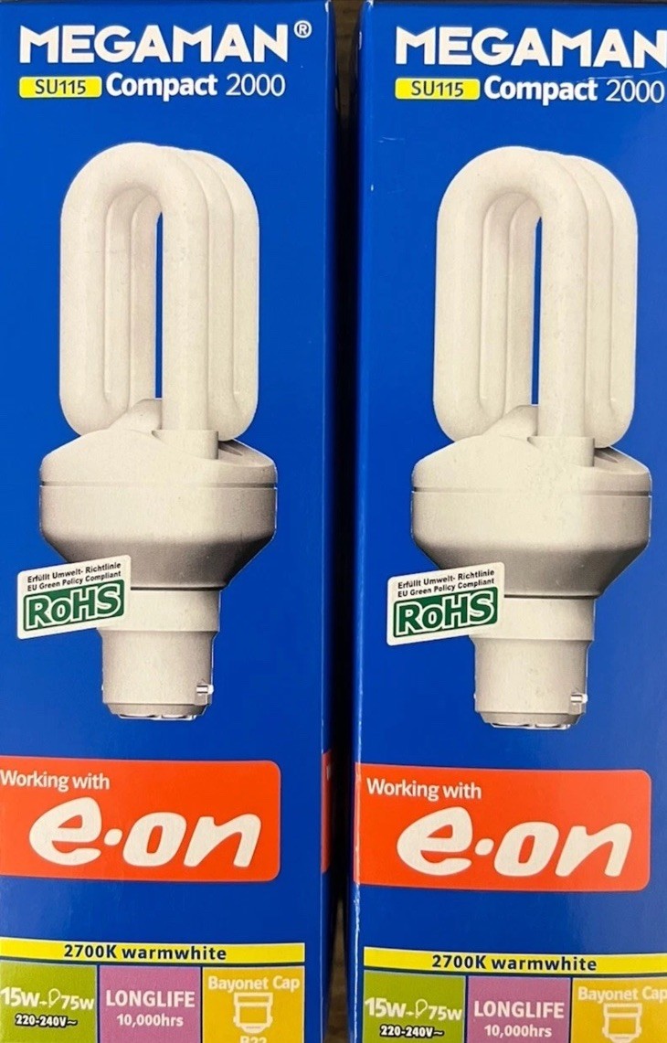 2 Pack Of Megaman SU115 Compact 2000 Energy Saving Light Bulbs 15W = 75W B22 New
