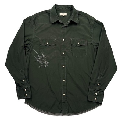 Old Navy Pearl Snap Shirt Embroidered Bird Mens M Olive Americana Indie Western