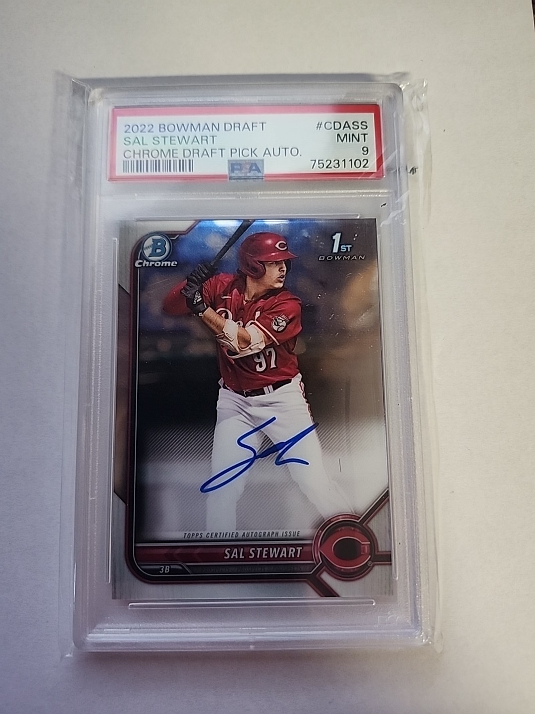 2022 Bowman Draft Chrome Pick Autographs Sal Stewart #CDA-SS Auto RC PSA 9 Reds