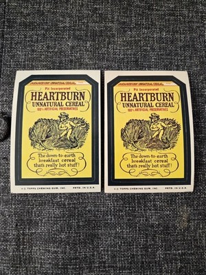 (2) 1974 Topps Wacky Packs Heartburn Unnatural Cereal Sticker