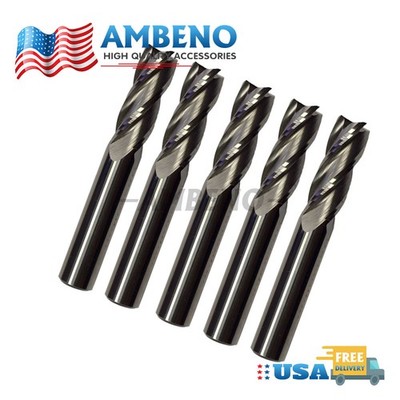 FIVE Pack 1/4'' Solid Carbide End Mills   4 Flute Center Cutting CNC USA Made