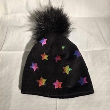 Kids Black Pom Pom Beanie Rainbow Star Winter Hat M/L Faux Fur Warm Cute