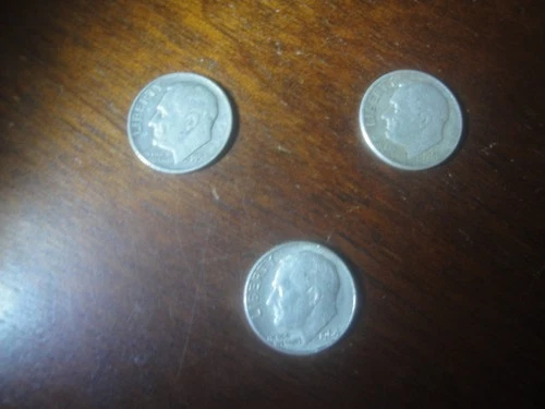 Lot of 3 Silver Roosevelt Dimes.  Random years in good/fine circulated condition