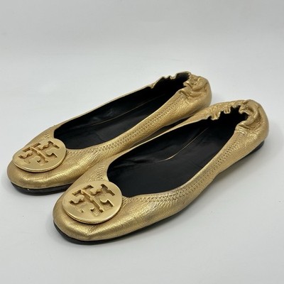 Tory Burch 6.5M Reva Metallic Gold Tumbled Leather Cute Ballerina Flats