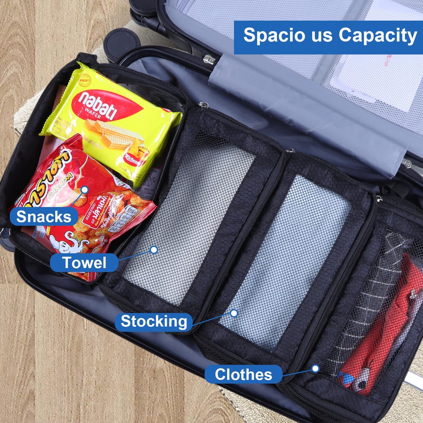 Hanging Suitcase Organizer, Portable Travel Shelves Collapsible Packing Cubes