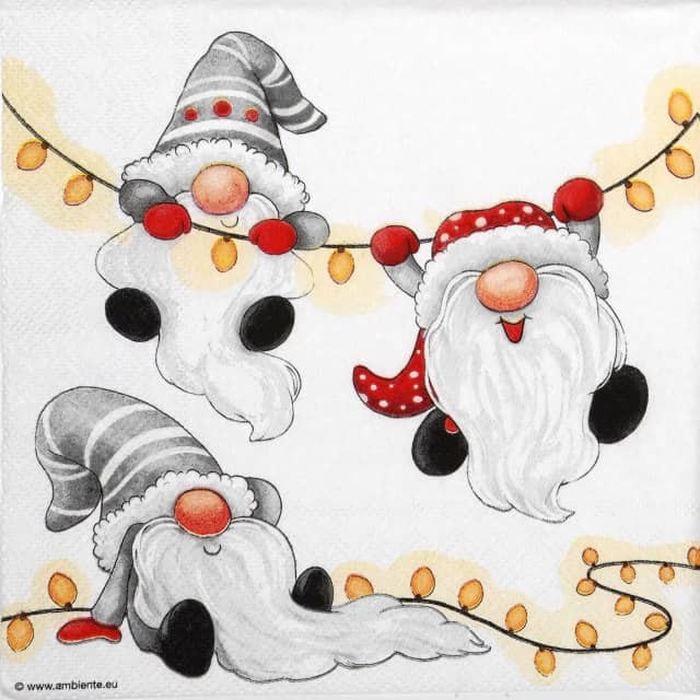 4x Gnomes on the Chain White Napkins 33x33cm Christmas Paper for Decoupage Craft