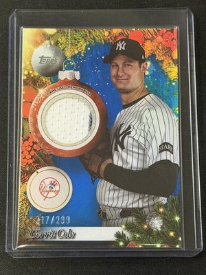 2025 Topps Holiday #PR-GC Gerrit Cole Player Relics Blue Metallic #/299