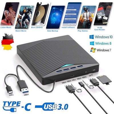 USB 3.0 Typ-C Externes CD DVD Laufwerk Extern mit SD/TF-Kartenleser RW Brenner