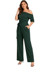 Dark Green Slanted Neckline Off Shoulder Straight Leg Jumpsuit Self Tie Belt S