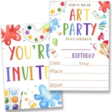 20 Cards Colorful Art Painting Party Invitations, Envelopes, Girl, Double