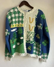 Vintage Eagles Eye Cardigan Sweater M Novelty St Patrick’s Cottagecore Rare 3D