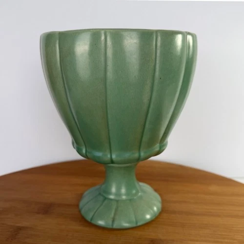 VTG Red Wing USA Pottery M-1597 Green Ribbed Pedestal Vase Mid Century Modern 7"