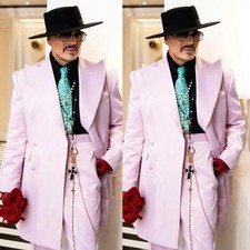 Pink Men's Suits Wide Peak Lapel Formal Wedding Tuxedo Party Prom Long Coat 2pcs