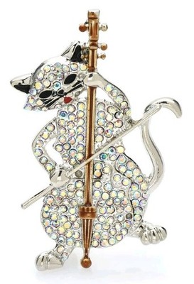 Katze CELLO Brosche SILBER Farbe HÜBSCH funkelnd WUNDERSCHÖN Atemberaubend VINTAGE STIL