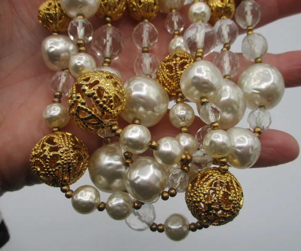 COLLAR RJ GRAZIANO LLAMATIVO ~ 4 HEBRAS PERLAS DE IMITACIÓN, TONO DORADO, CUENTAS DE CRISTAL Foto 4 de 4