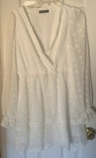Women’s Shein White L/S Midi Overlap V-neck Dress W/Sheer Sleeves Size L #1274