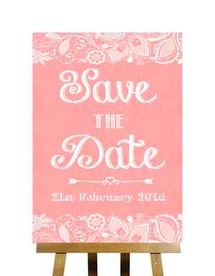 Personalisiertes Hochzeitsschild Koralle Sackleinen & Spitzenoptik Save The Date