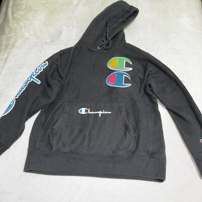 Champion Hoodie Black Double Chest Logo Neon Embroidered Reverse Weave Sz  Large