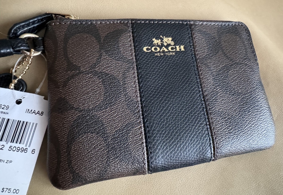 COACH Signature PVC Leather Corner Zip Wristlet F54629 Brown/Black