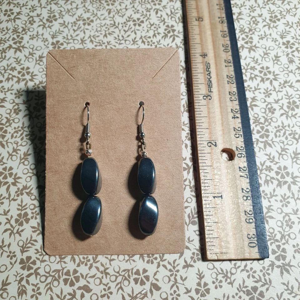 Hematite Drop Earrings Silver Hooks Fashion Women Healing Stone Natural Earth - Image 2 of 3