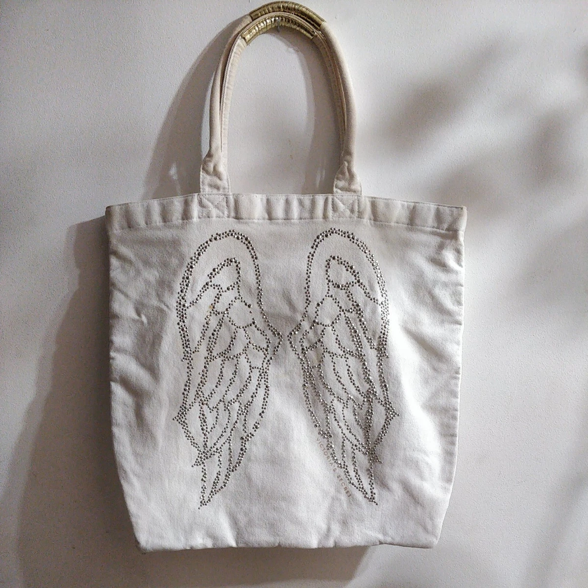 Victoria’s Secret White Cotton Canvas Bling Angel Wings Shopping Tote Bag