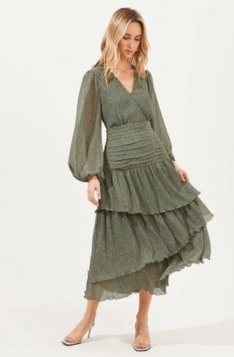 LONG SLEEVE RUCHED RUFFLE MAXI DRESS 
