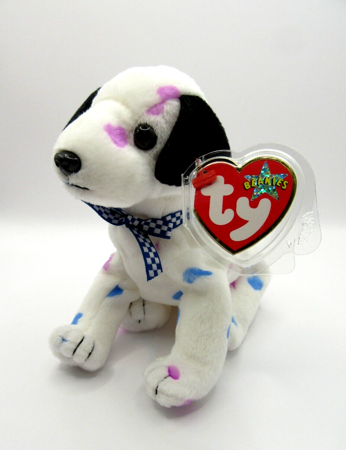 TY BEANIE BABY DIZZY - DALMATIAN - COLOURED SPOTS BLACK EAR DOG - MINT - RETIRED