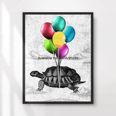 Schildkröte schwebende Luftballons Himmel Kunstdruck Poster Bild Deko bizarr bunt