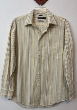 Nautica Mens XL White Striped Button-Up 80  s Two-Ply Cotton Collared Shirt A2099