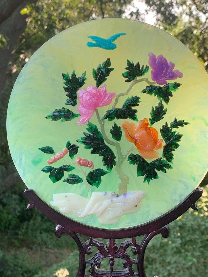 ANTIGUO PLATO DE JADE Y FLORES DE LOTO TALLADAS CHINAS 19c Soporte de teca RARO ❤️j8 Foto 3 de 4