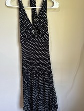 Eva Blue Black/White Polka Dot V-Neck Sleeveless Ruffle Lined Maxi Dress 8