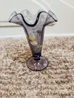 Fenton Amethyst Ruffled Trumpet Vase 7” W/Hand painted Butterflies & Flowers