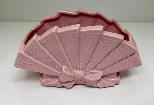 vintage 50s pink McCoy Style fancy fan pottery planter with bow design